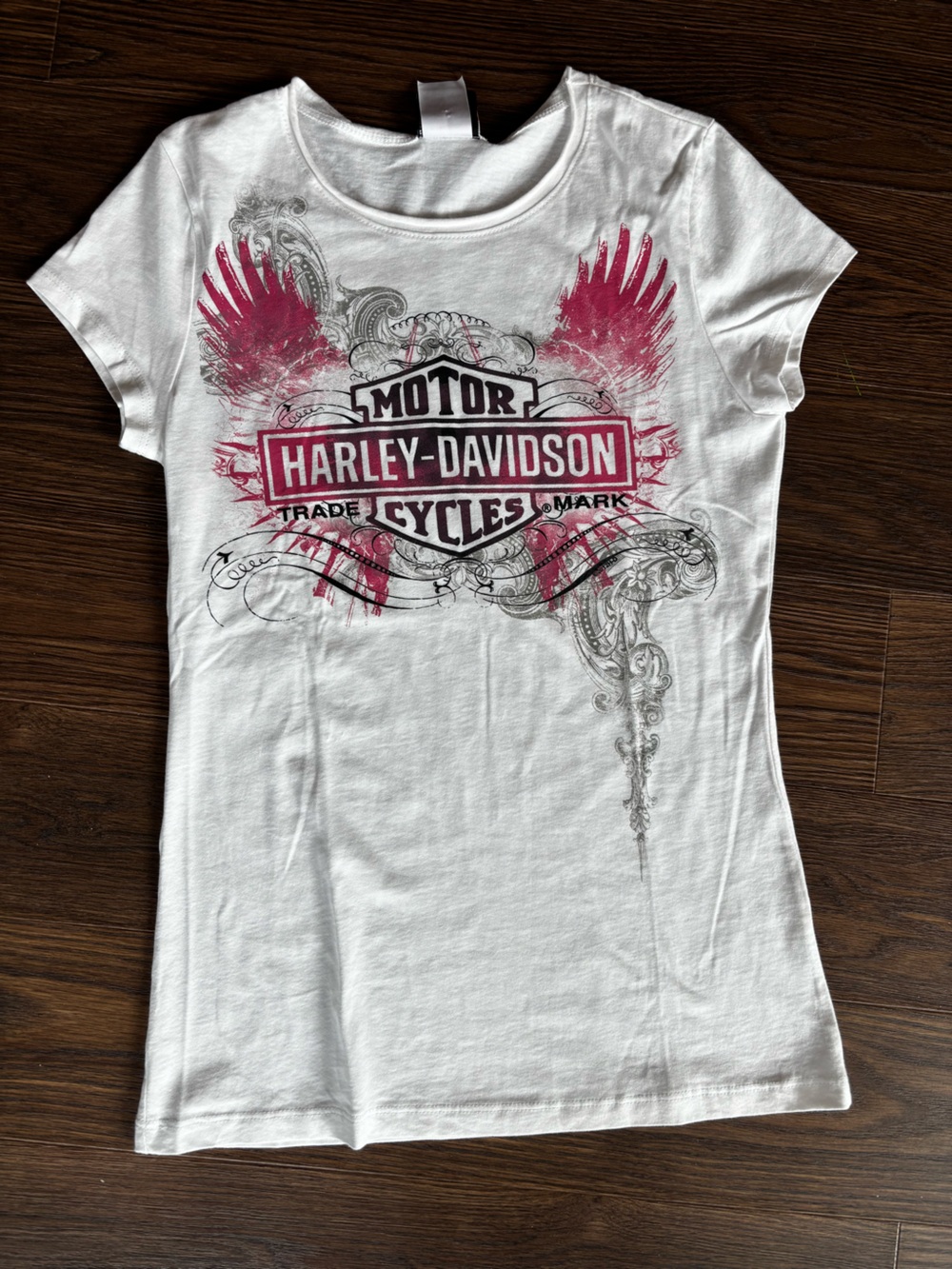 Harley-Davidson White Short Sleeve Tee with Pink and Gray Graphic